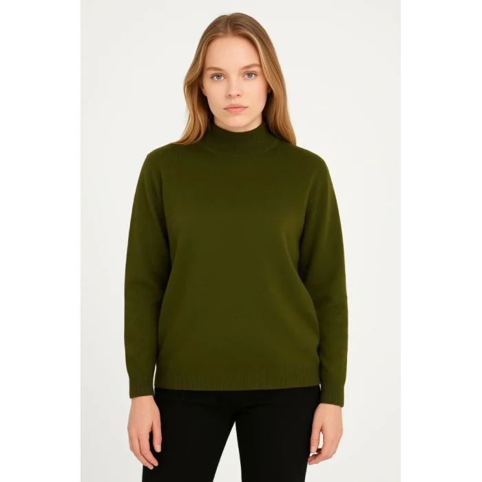 Yarım Boğaz Triko Kazak Yumuşak Dokulu Pamuklu Ince Dokuma, Uzun Kollu Rahat Regular Kalıp - Haki