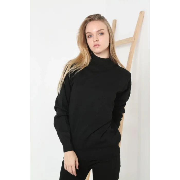 Yarım Boğaz Triko Kazak Yumuşak Dokulu Pamuklu Ince Dokuma, Uzun Kollu Rahat Regular Kalıp - Siyah