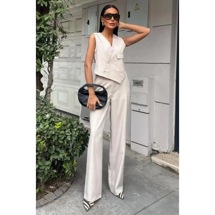 Yeleği Çapraz Detay Düğmeli Cepli Yelekli Takım 10150