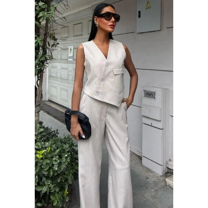 Yeleği Çapraz Detay Düğmeli Cepli Yelekli Takım 10150