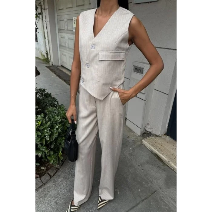 Yeleği Çapraz Detay Düğmeli Cepli Yelekli Takım 10150