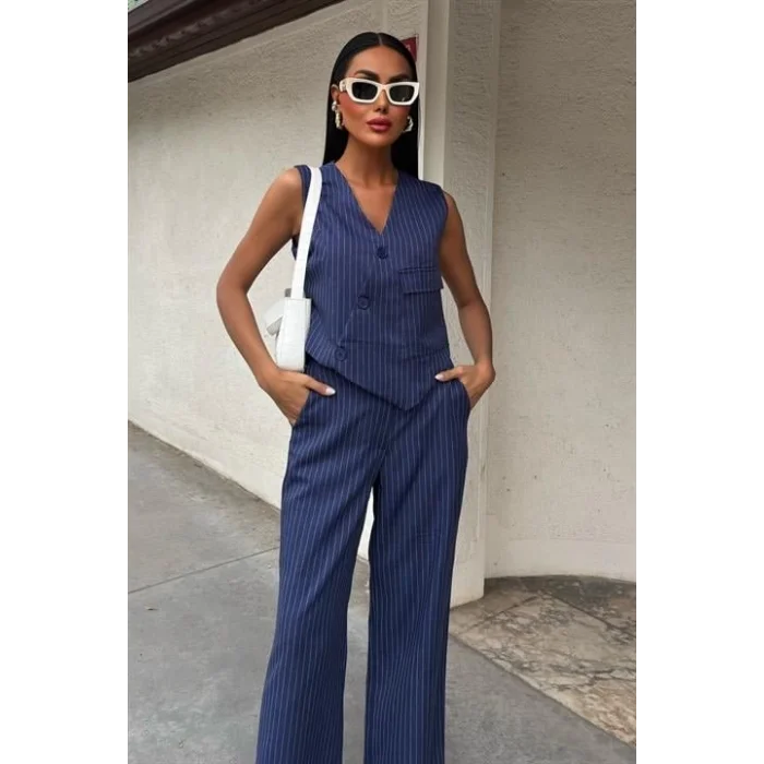 Yeleği Çapraz Detay Düğmeli Cepli Yelekli Takım 10150