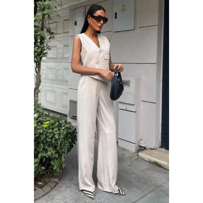 Yeleği Çapraz Detay Düğmeli Cepli Yelekli Takım 10150