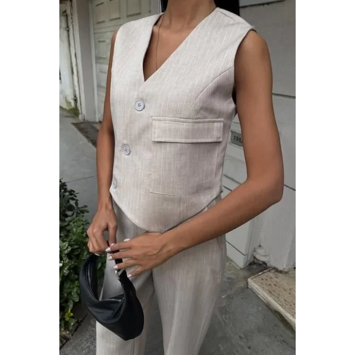 Yeleği Çapraz Detay Düğmeli Cepli Yelekli Takım 10150