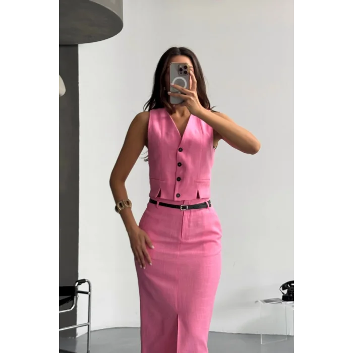 YELEK-ÖNDEN YIRTMAÇLI ETEK TK ŞANTUK KETEN - Pembe