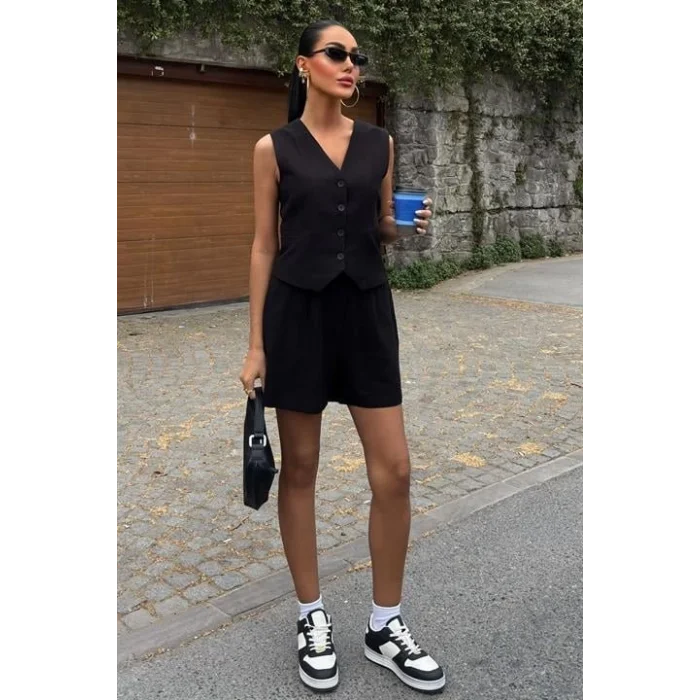 Yelek Şort Flamlı Keten Takım 10133-17