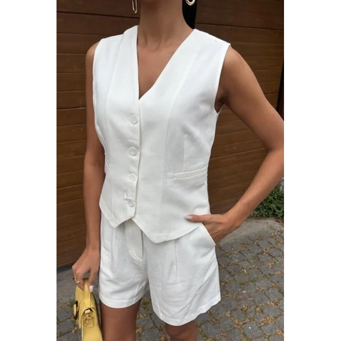 Yelek Şort Flamlı Keten Takım 10133-17