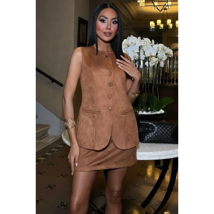 Yelek Ve Mini Etekli İçi Astarlı Süet Takım 9998