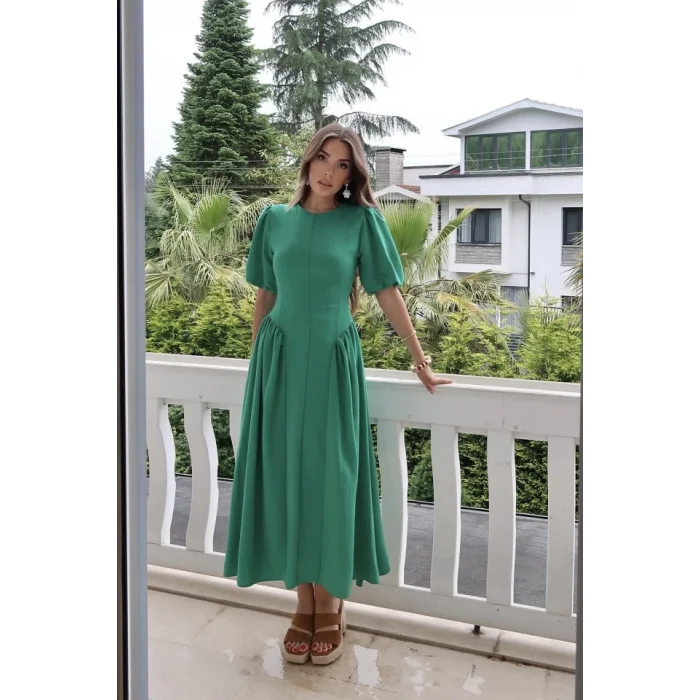 Yeşil Arkadan Bağlamalı Büzgülü Keten Elbise