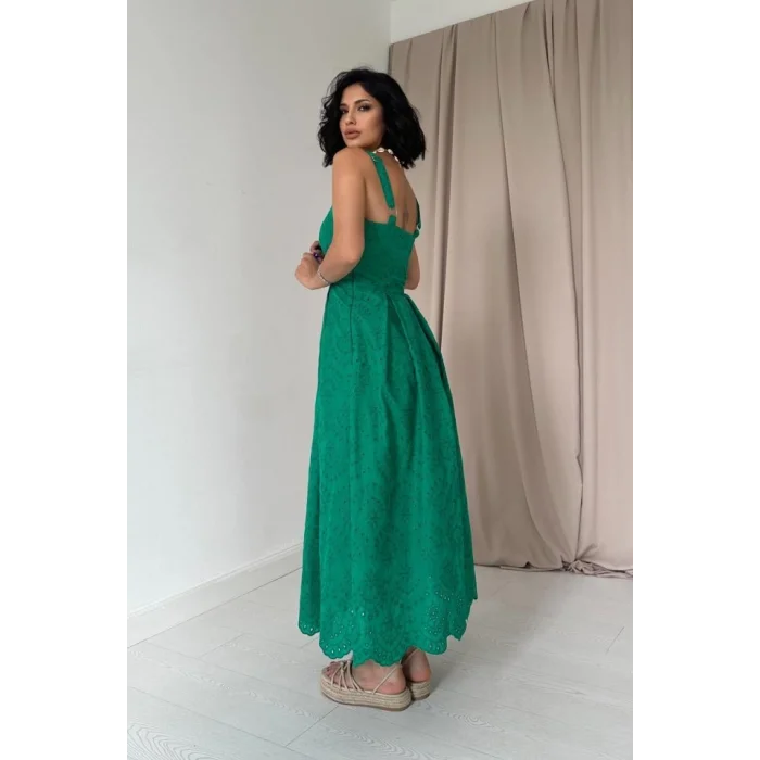Yeşil Askılı Aparatlı Brode Elbise