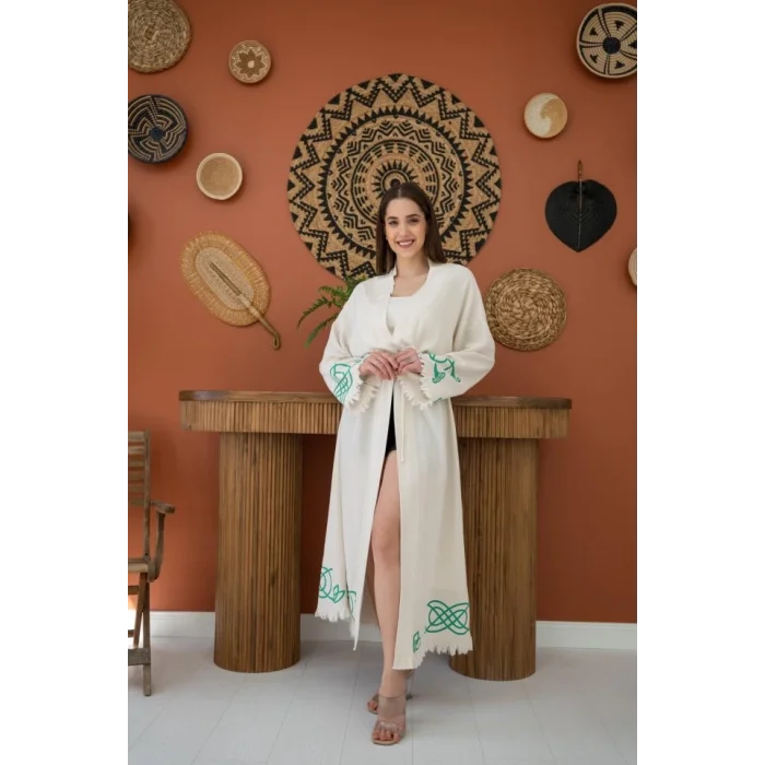 Yeşil Baskı Detay Keten Hırka