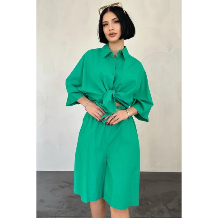 Yeşil Kısa Kollu Keten Gömlek Ve Şort Takım