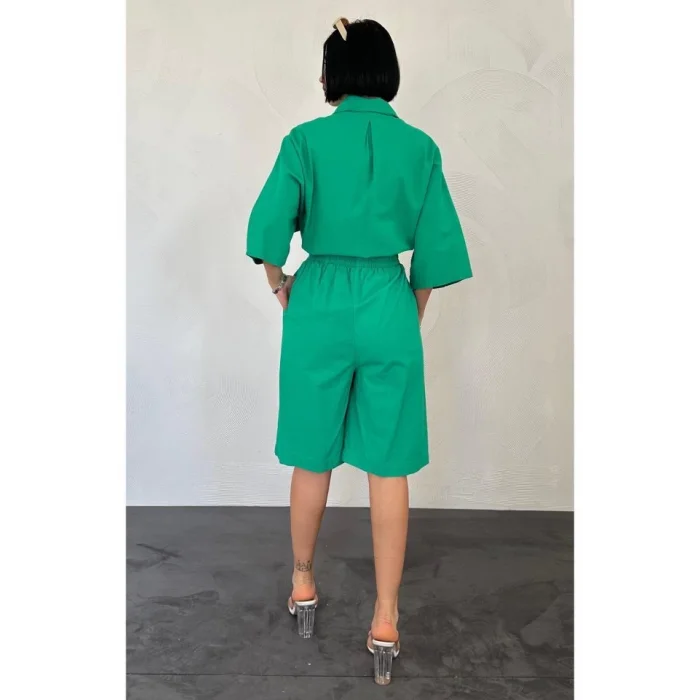 Yeşil Kısa Kollu Keten Gömlek Ve Şort Takım