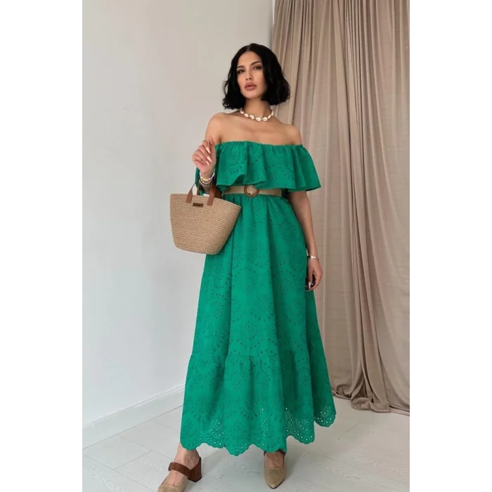 Yeşil Omzu Lastikli Brode Elbise