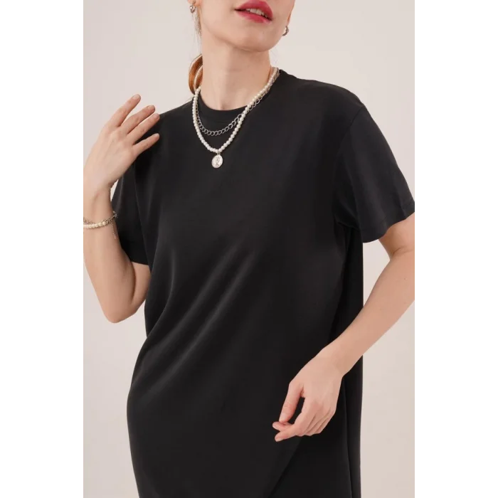 Yırtmaç Detaylı Kısa Kollu Salaş Maxi Siyah Elbise