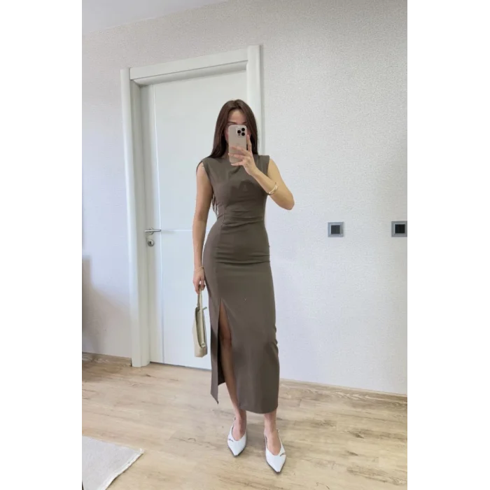 Yırtmaç Detaylı Kolsuz Elbise - Antrasit