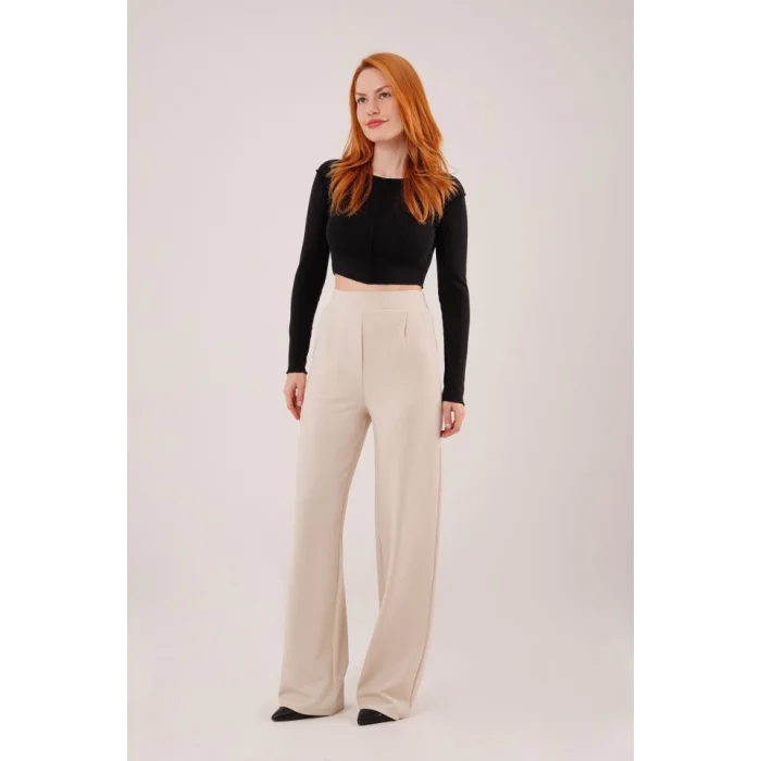 Yüksek Bel Bol Paça Krep Krem Pantolon