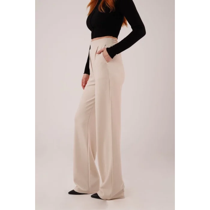 Yüksek Bel Bol Paça Krep Krem Pantolon