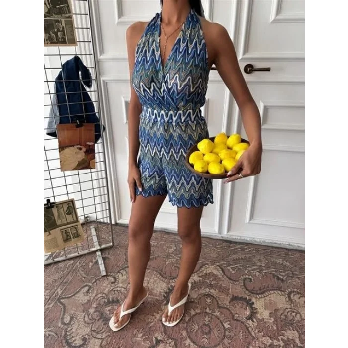 Zikzak Desenli Multi Renk Geçişli Mini Tulum 1365