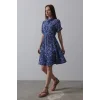Baskılı Keten Elbise - Lacivert-Beyaz