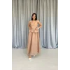 Camel Beli Büzgülü İnci Askılı Uzun Elbise