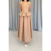 Camel Beli Büzgülü İnci Askılı Uzun Elbise