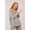 Cep Detay Çizgili Oversize Gri Gömlek