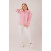 Cep Detay Çizgili Oversize Pembe Gömlek