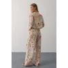 Çiçek Desen Önü Bağlamalı Pantolon Takım - Taş