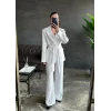 Ekru Beli Kuşaklı Ceket Ve Pantolon Parlak Takım
