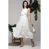 Ekru Halter Yakalı Kuşaklı Elbise