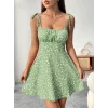 Kadın Askılı Büzgü Detaylı Kare Yaka çiçek Desenli Mini Süprem Elbise