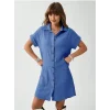 Kadın Cep Detay Müslin Kumaş Mini Gömlek Elbise