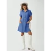 Kadın Cep Detay Müslin Kumaş Mini Gömlek Elbise