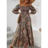 Kadın Düşük Omuzlu Beli Büzgülü Dijital Desenli Kesik Elyaf Süprem Uzun Elbise