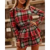 Kadın Ekose Kumaş Dijital Baskılı Uzun Kollu Mini Boy Elbise