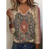 Kadın Truvakarkollu V Yakalı Etnik Desenli Süprem Bluz
