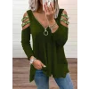 Kadın Haki Kolları Taş Işlemeli Uzun Kol Fermuarlı Viskon Bluz