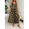 Kadın Ip Askılı Geniş V Yakalı Leopar Desenli Süprem Elbise