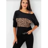 Kadın Kadife Kumaş Leopar Desenli Omuz Detay Uzun Kollu Bluz