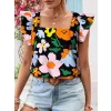 Kadın Kısa Fırfır Kollu Kare Yaka çiçek Desenli Ithal Keten Bluz