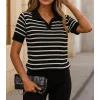 Kadın Kısa Kol Polo Yaka çizgi Desen Triko Bluz