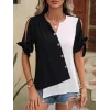 Kadın Kısa Kollu Kollardan Bağlamalı önden Asimetrik Kesim çift Renk Detaylı Düğmeli Ithal Krep Bluz