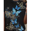 Kadın Kısa Kollu Mavi Sarı Kelebek Baskı Süprem T-shirt