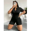 Kadın Kısa Kollu önü Fermuarlı Bodycon Dalgıç Tulum