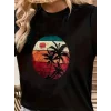 Kadın Kısa Kollu Palmiye Baskılı Viskon T-shirt