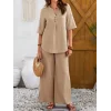 Kadın Kısa Kollu V Hakim Yaka Düğmeli Bürümcük Bluz Ve Pantolon Ikili Takım