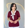 Kadın Kısa Kollu V Yaka Fular Detay Merserize Triko Bbluz