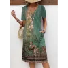 Kadın Kısa Kollu V Yakalı çiçek Baskılı Midi Süprem Elbise