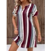 Kadın Kısa Kollu V Yakalı çizgi Baskılı Süprem Elbise
